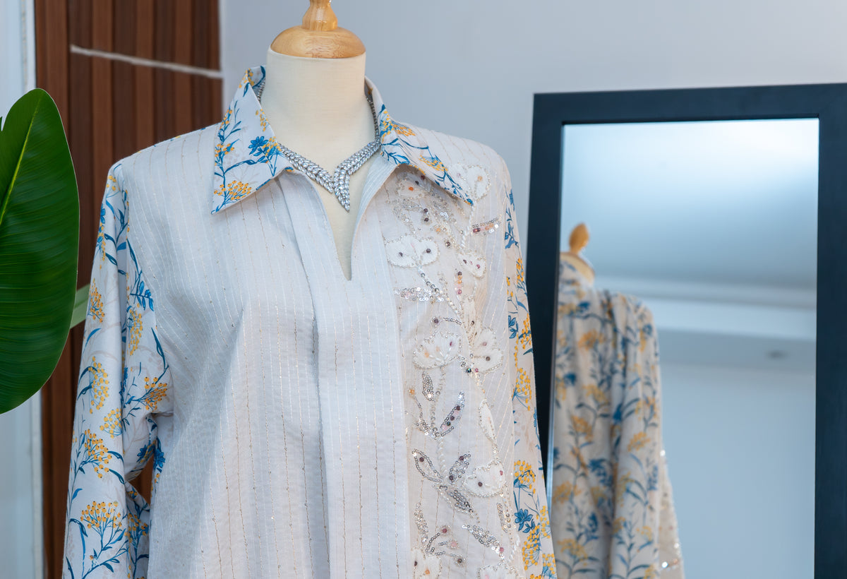 White With Flowers Kuwaiti Jalabyia Dress
