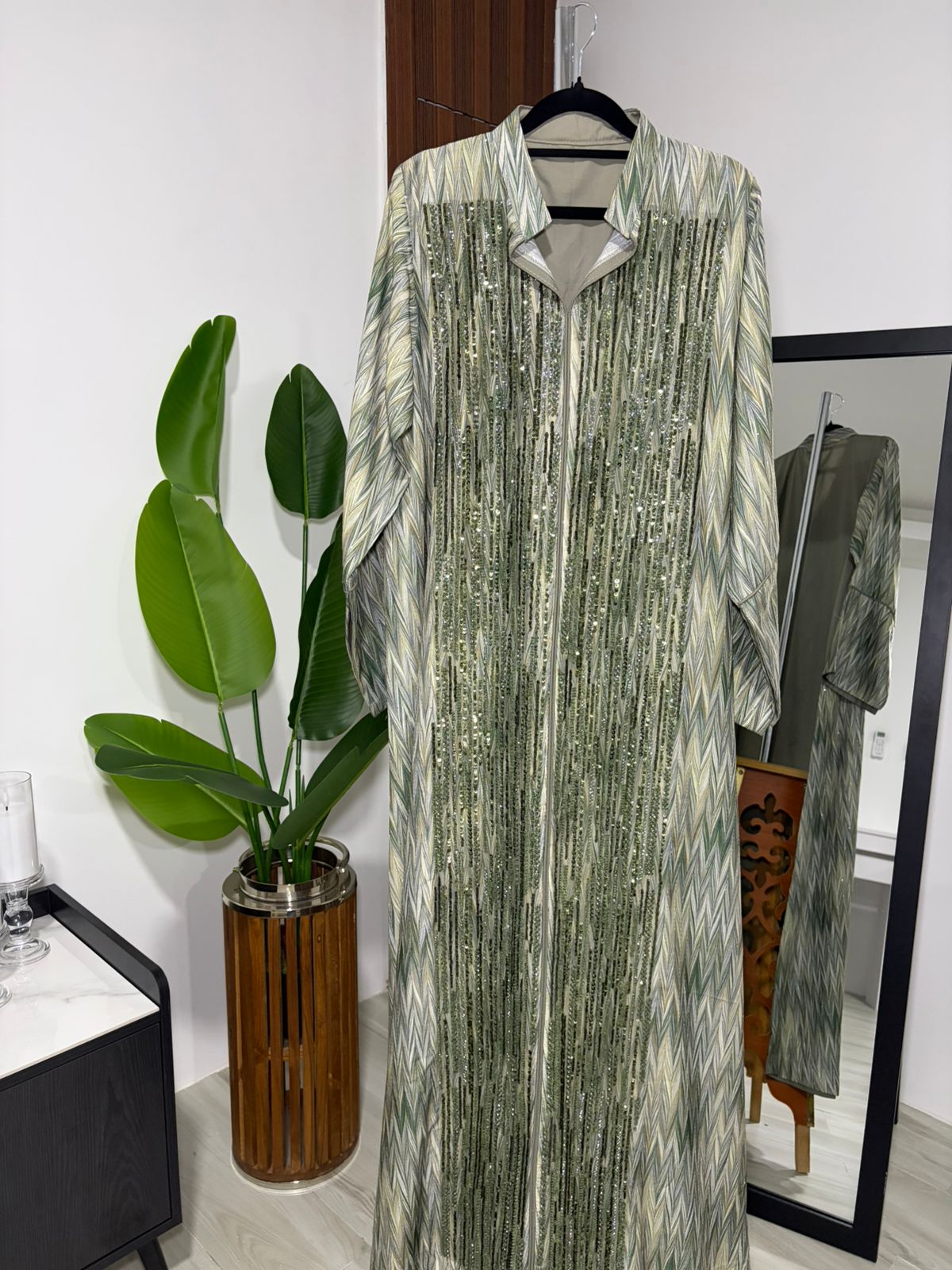 Long green and white patterned dress 