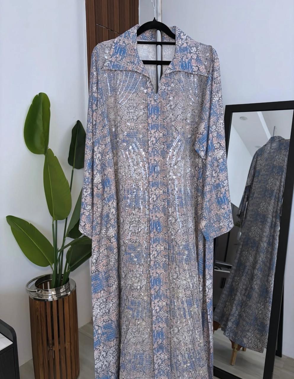 Beige and  Blue Kuwaiti Jalabyia Dress