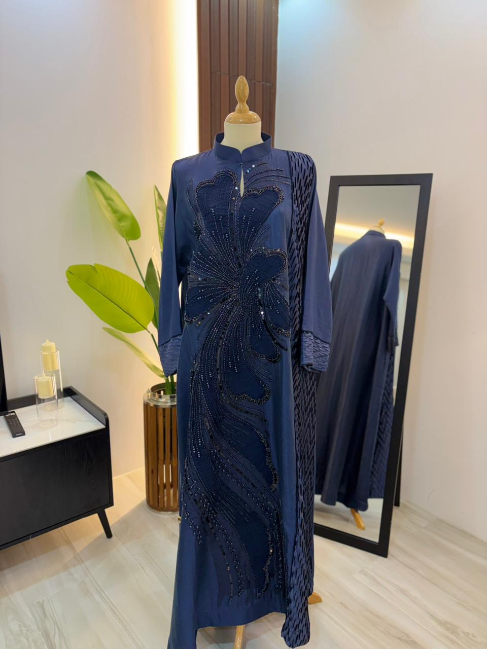 Dark Blue Flower Design Kuwaiti Jalabyia Dress